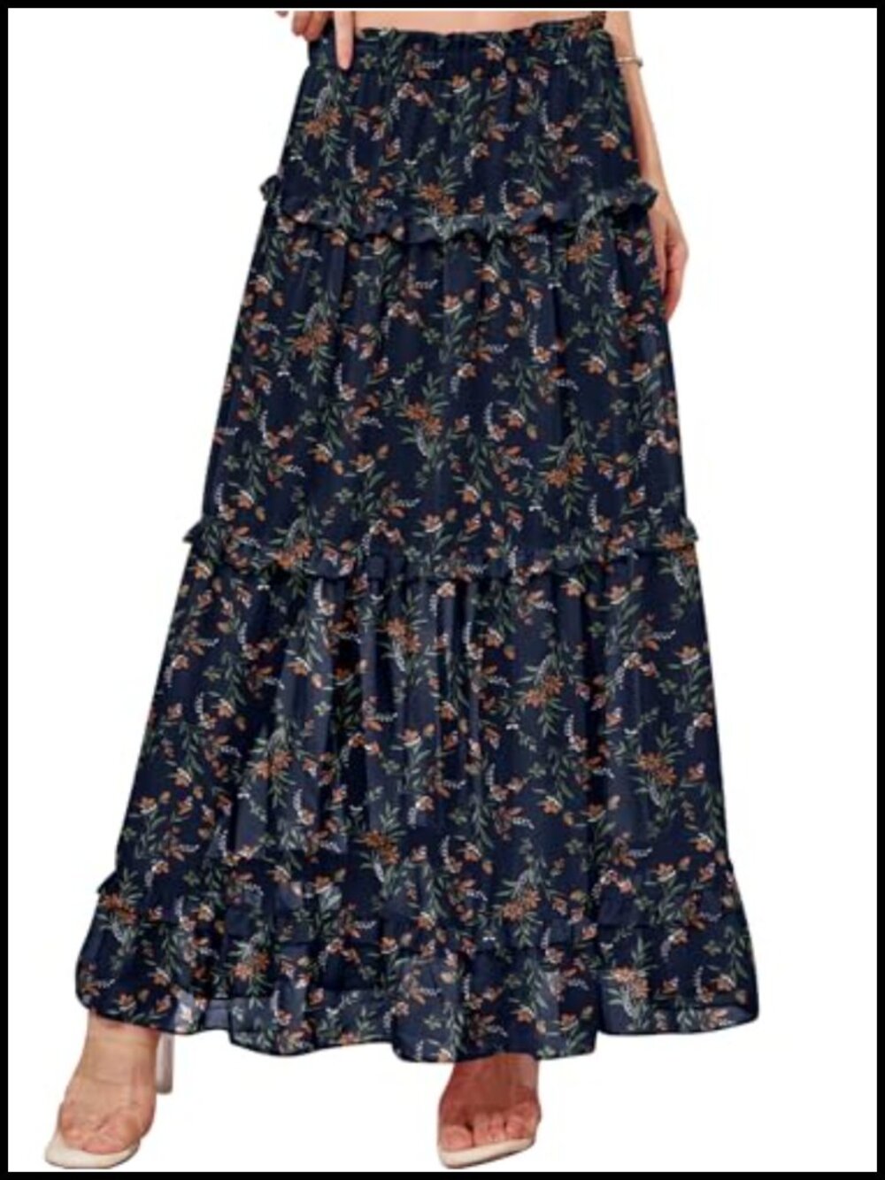 Women's Chiffon High Waist Maxi Skirt with Floral Pattern - Swing Boho